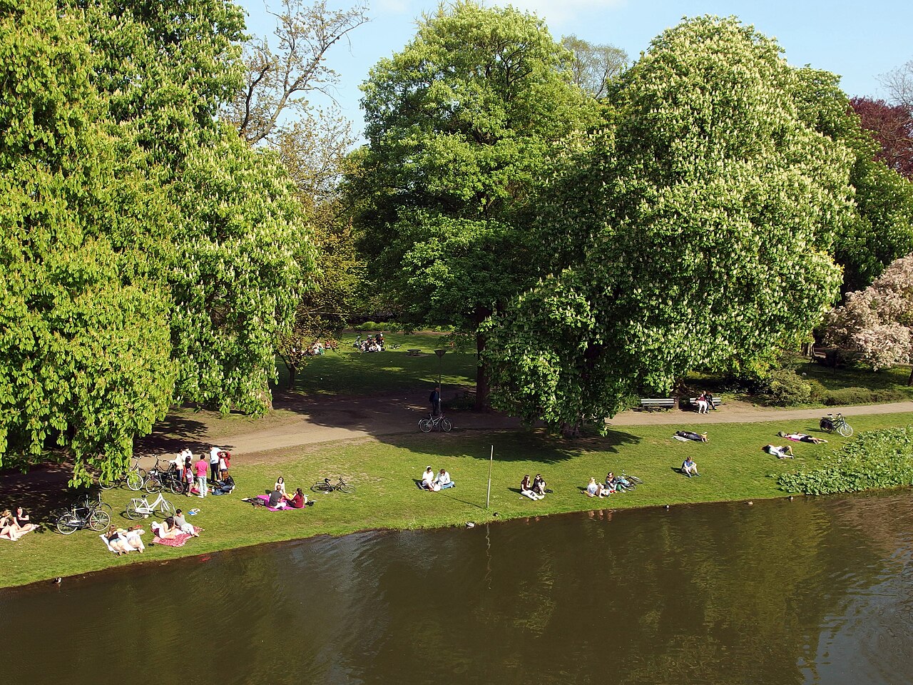 The pond and lawns of Maastricht Stadspark.